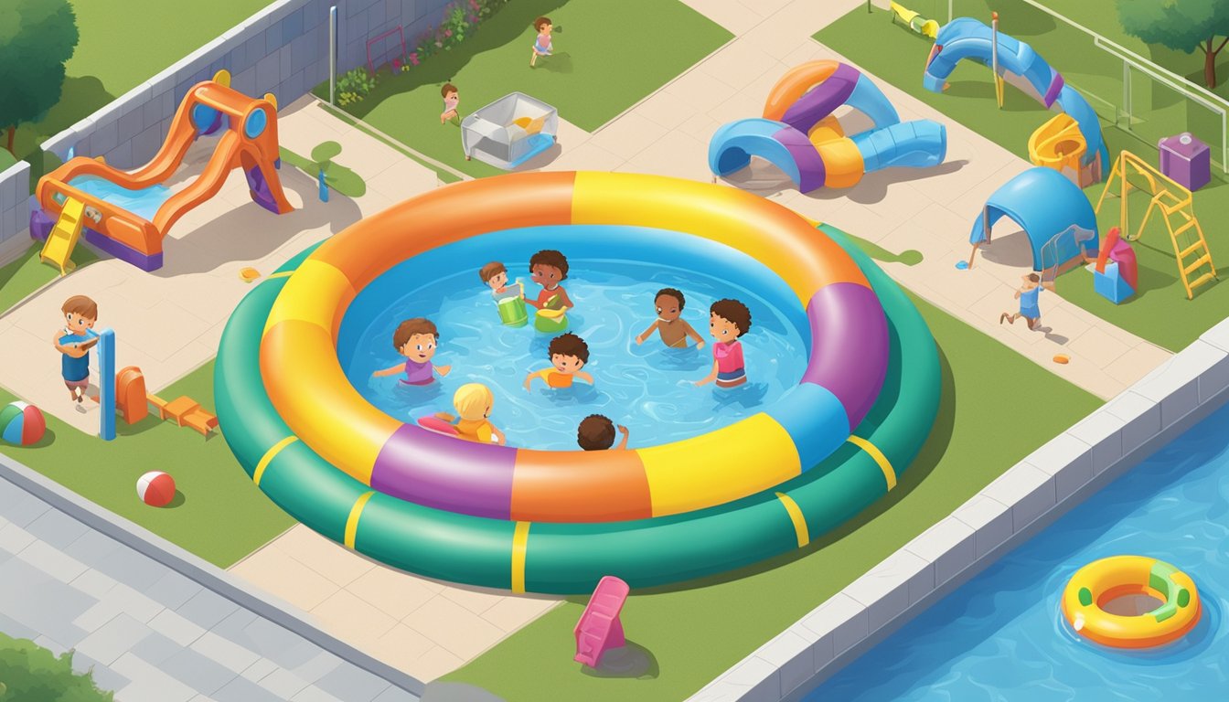 Children playing in a colorful kiddie pool surrounded by safety signs and maintenance equipment