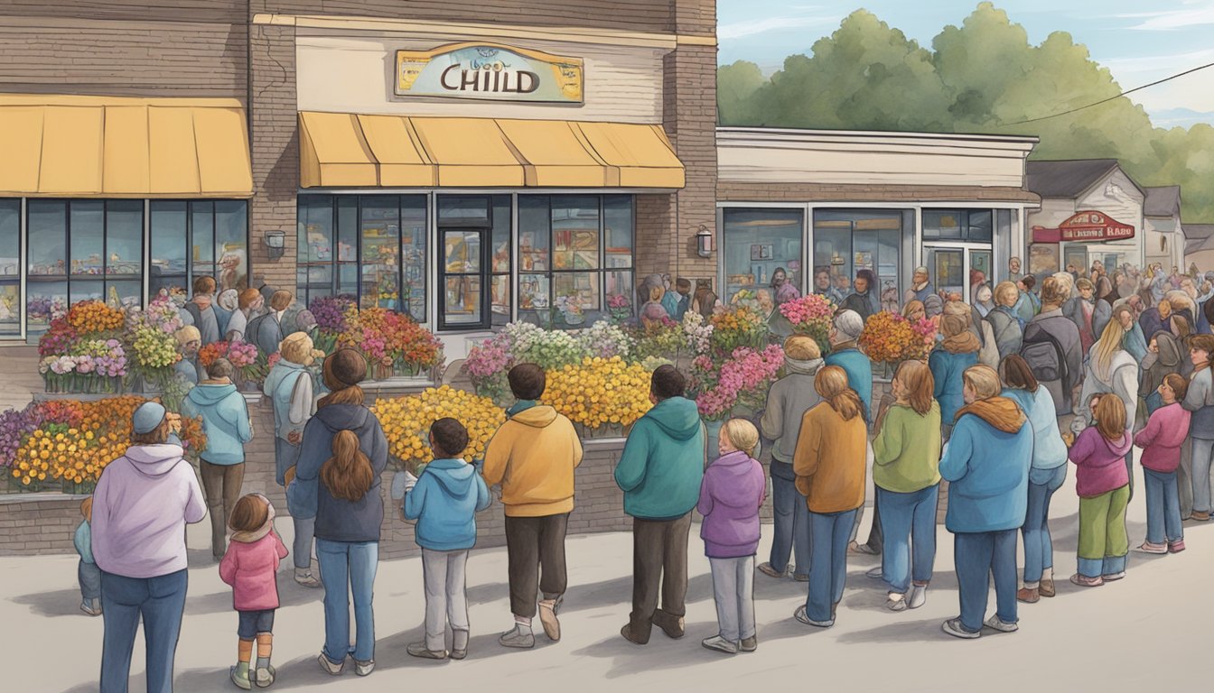 A crowd gathers outside a Giant Eagle, leaving flowers and candles in remembrance of the lost child. The store's sign looms in the background