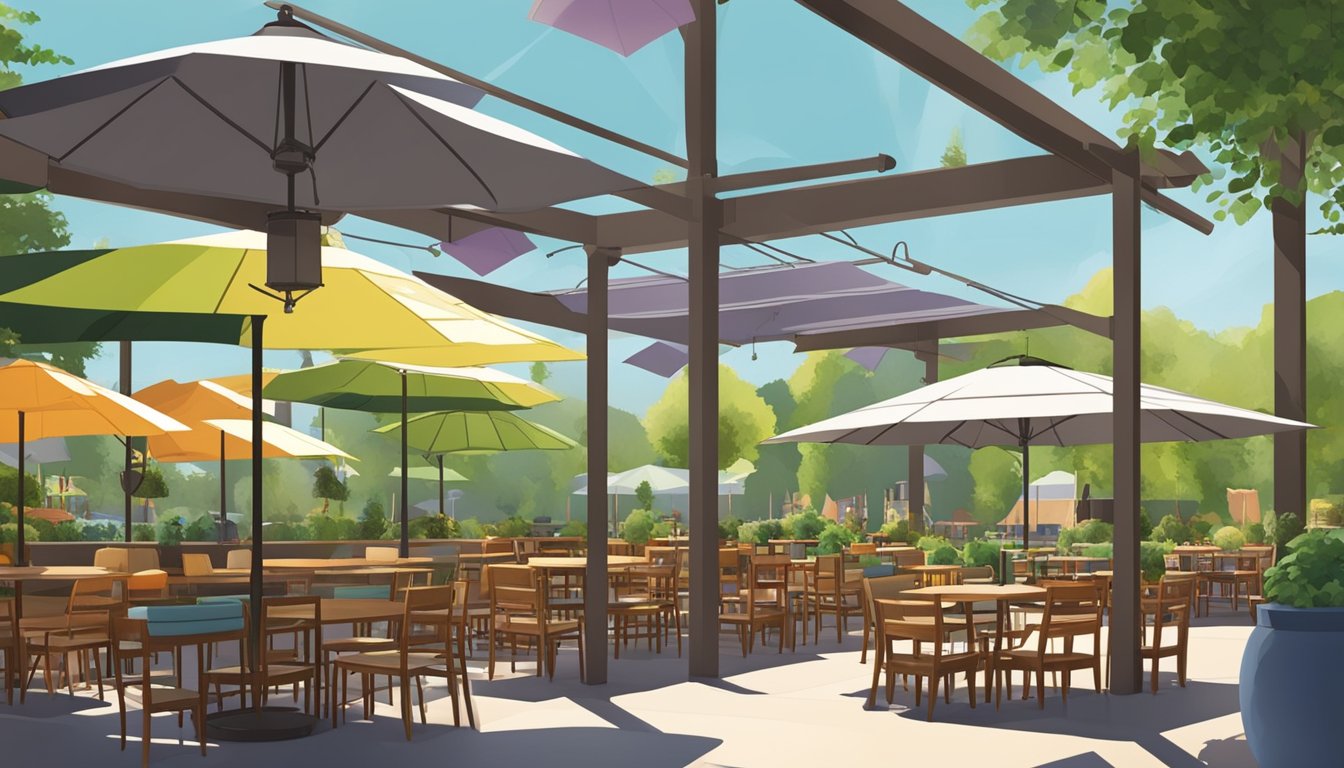 A sunny outdoor patio with colorful umbrellas and tables, surrounded by lush greenery and the buildings of several local craft breweries in Moreno Valley, CA