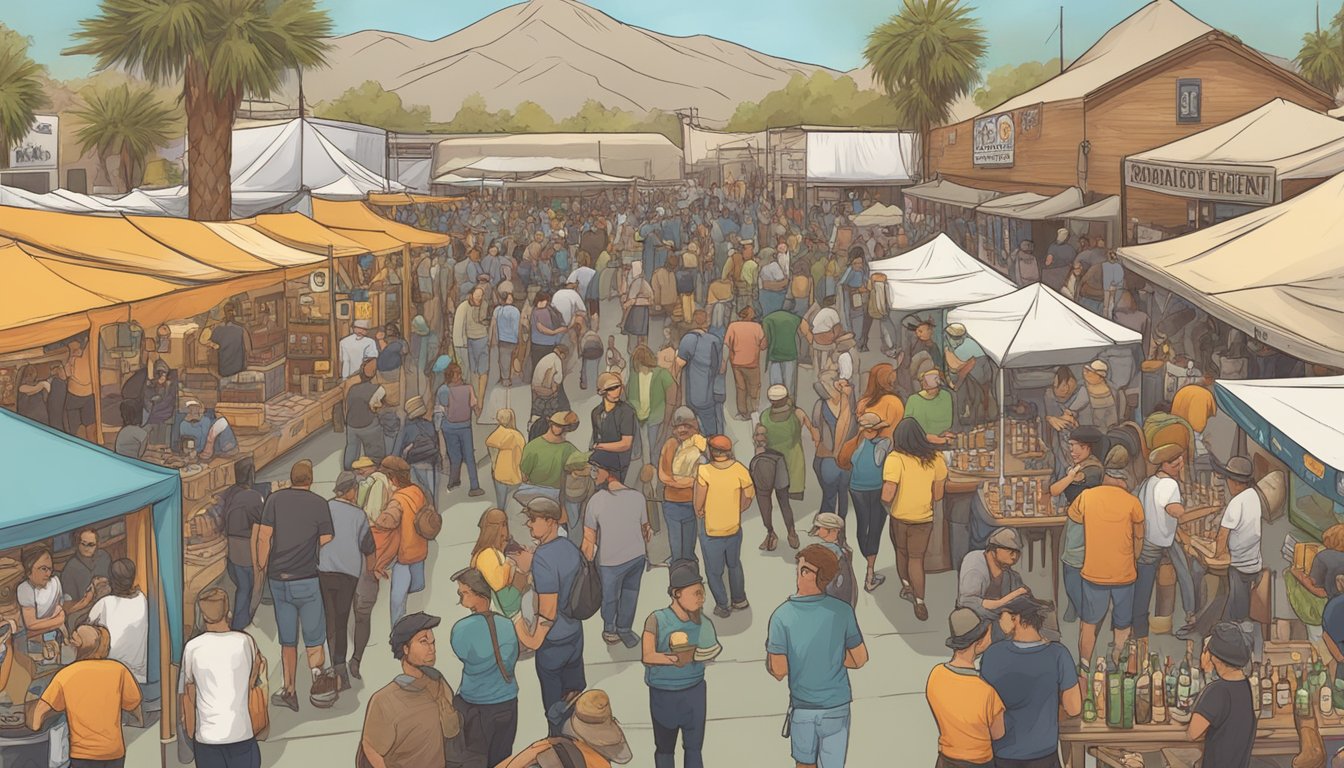 A bustling craft beer festival in Rialto, CA, with a variety of local breweries showcasing their unique and flavorful brews