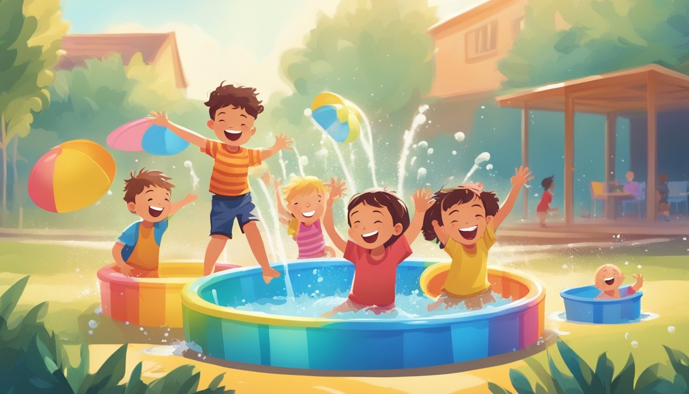 Children playing in colorful kiddie pools, water splashing as they laugh and have fun under the bright summer sun