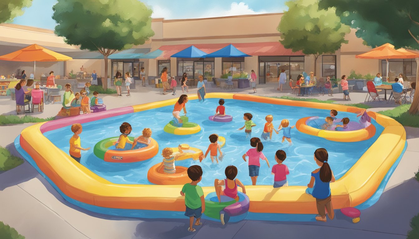 A colorful array of kiddie pools, surrounded by happy children and families, set up to cool off in the summer heat at Stater Bros. Markets