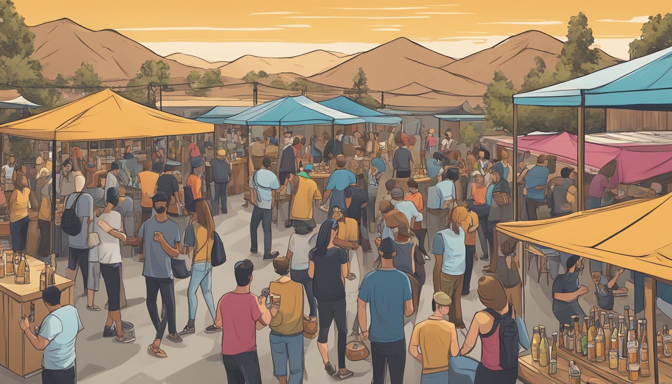 A bustling craft beer event in Moreno Valley, CA, with vendors, live music, and a lively community enjoying local brews