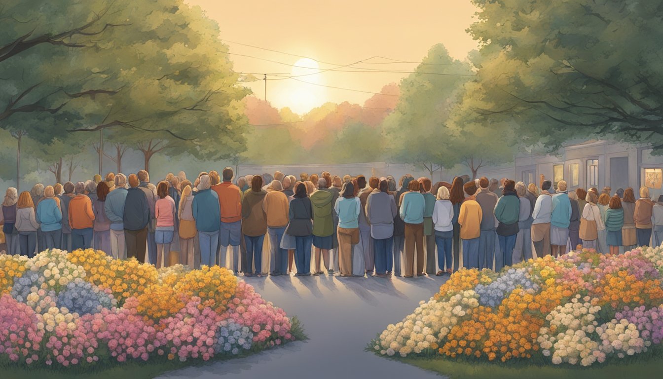 A somber crowd gathers outside a Giant Eagle, leaving flowers and candles in remembrance of a lost child