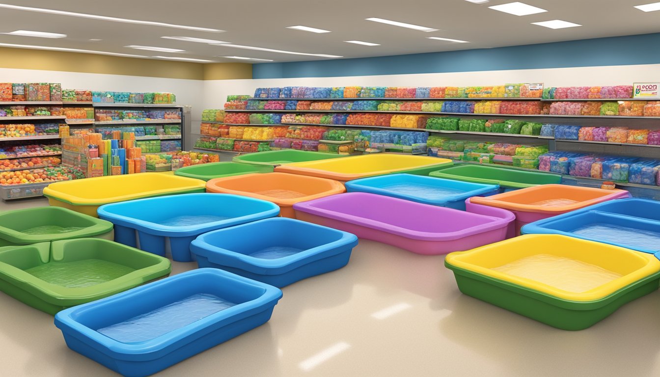 A colorful display of kiddie pools at Stater Bros. Markets, with various sizes and designs to choose from