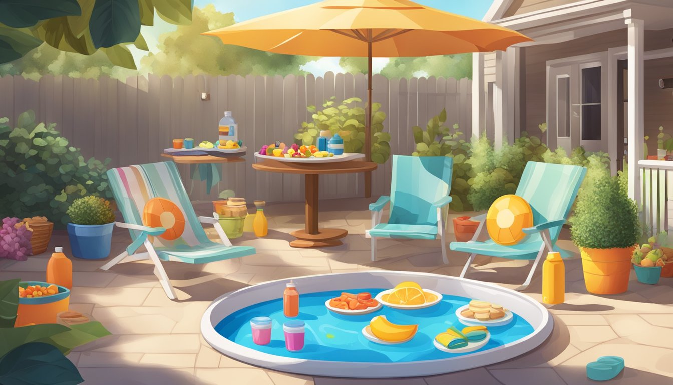 A sunny backyard with a colorful kiddie pool, surrounded by sunscreen bottles and healthy snacks