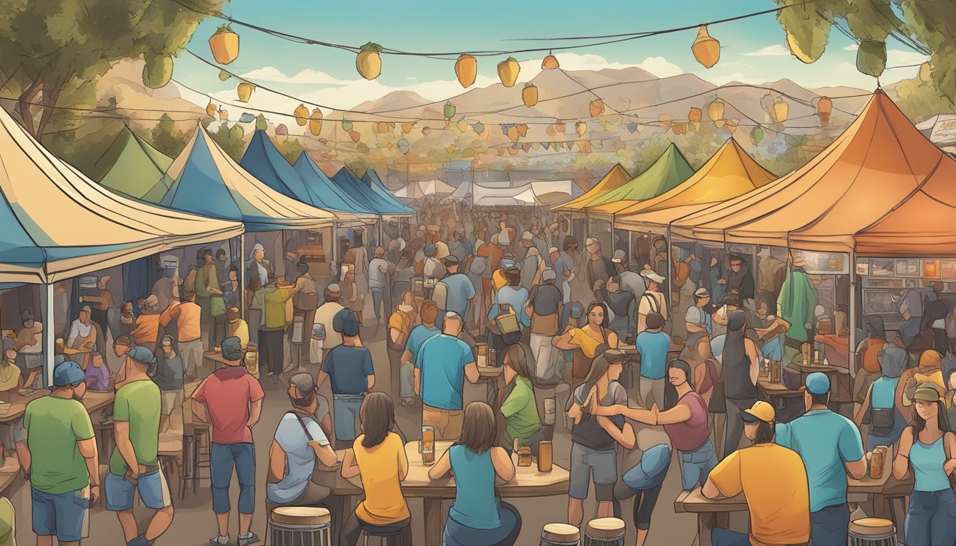 A bustling craft beer festival in Rialto, CA, with a variety of breweries showcasing their unique and flavorful brews under colorful tents