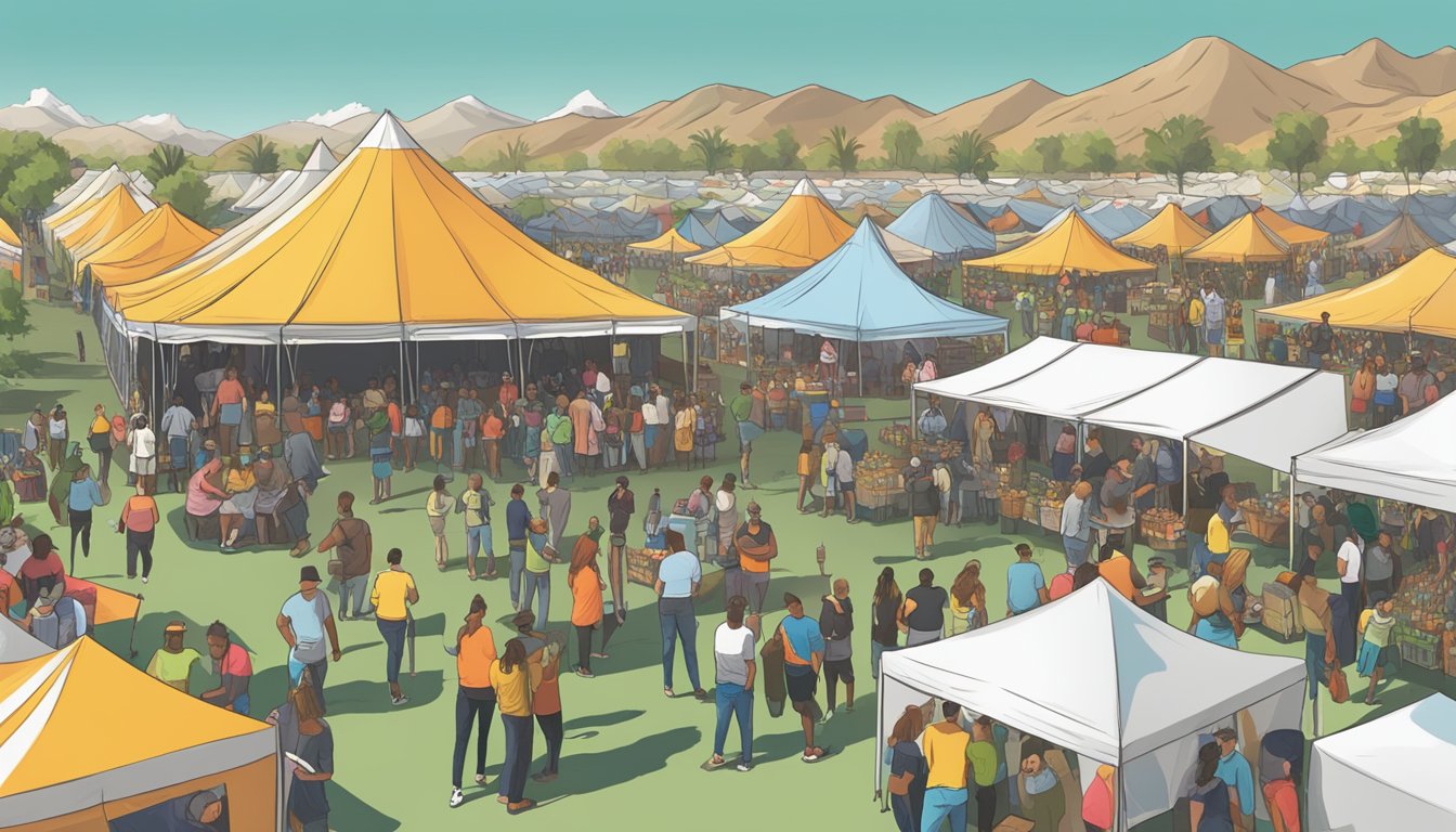 A bustling craft beer festival in Moreno Valley, CA, with rows of colorful tents and a diverse crowd sampling different brews