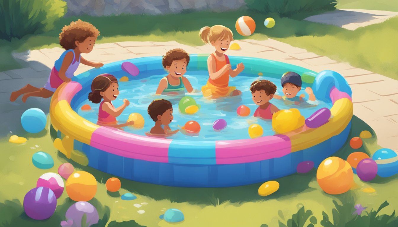 A group of children happily playing in a colorful and affordable kiddie pool on a sunny summer day