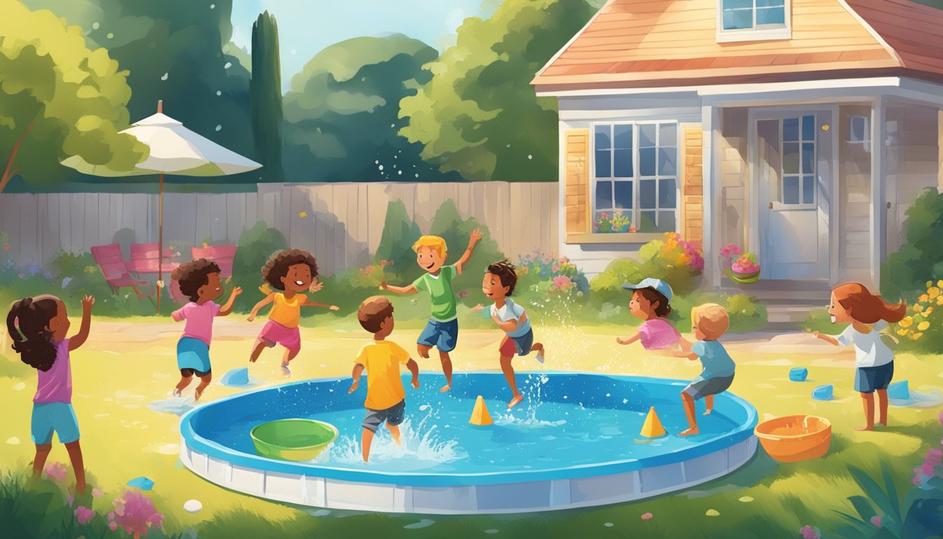 A sunny backyard with a colorful kiddie pool filled with water, surrounded by excited children playing and splashing