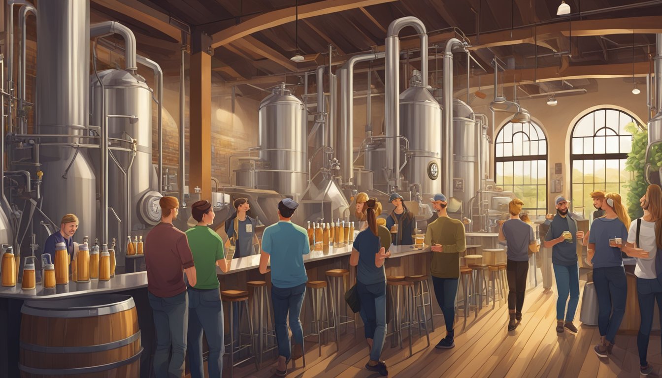 A bustling brewery with visitors sampling beers, chatting with brewers, and enjoying the lively atmosphere