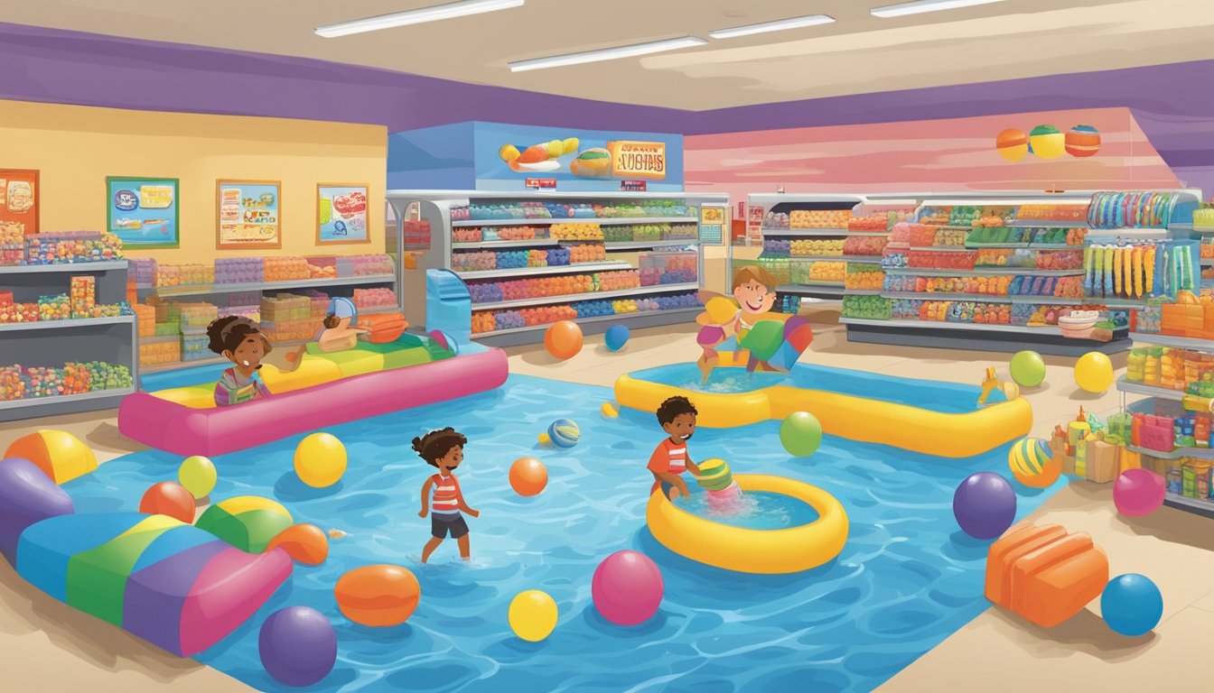 Children playing in a colorful kiddie pool at Stater Bros. market, surrounded by shelves of various pool toys and accessories