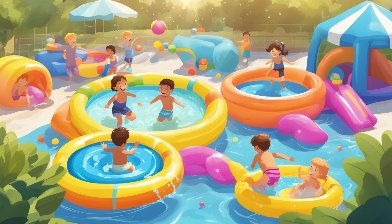 Children playing in colorful kiddie pools under the bright summer sun, surrounded by inflatable toys and splashing water