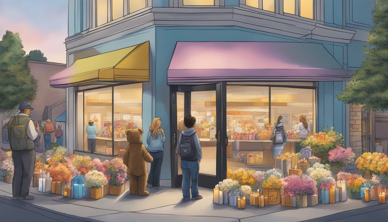 A somber gathering at the entrance of a Giant Eagle store, with candles, flowers, and teddy bears forming a makeshift memorial