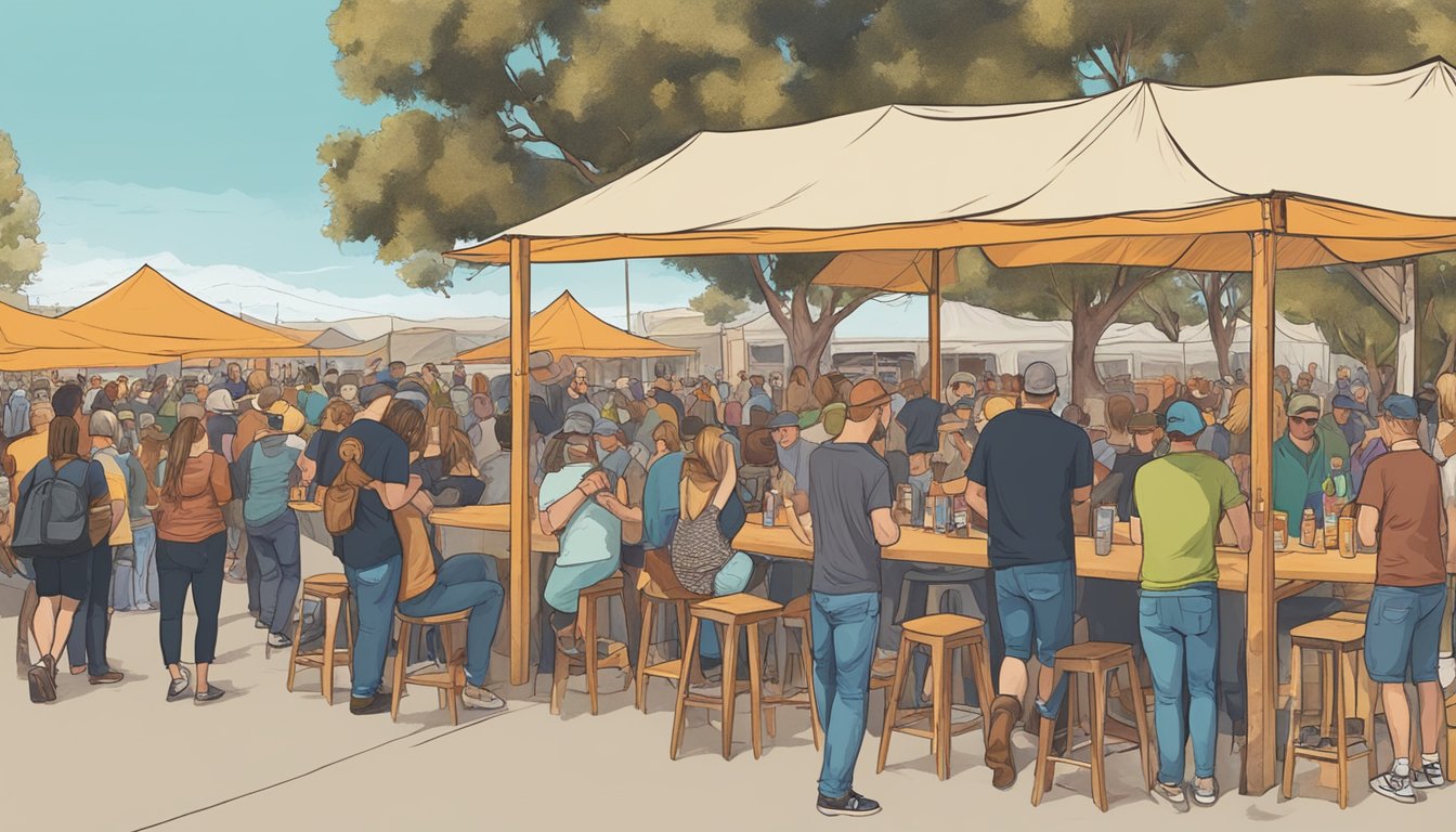 A crowded outdoor craft beer event in Murrieta, CA, with vendors, live music, and people sampling various local brews