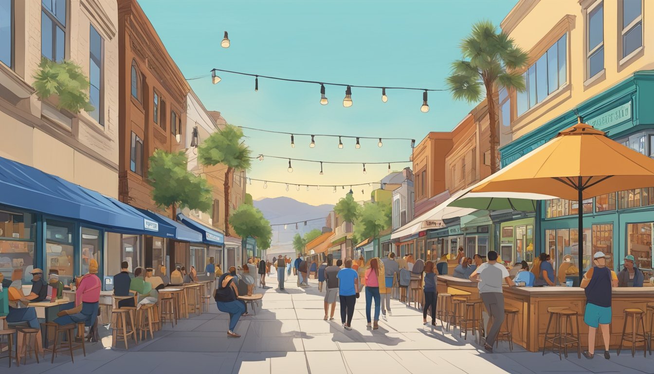 A bustling street lined with colorful storefronts and outdoor seating, as locals and tourists alike explore a variety of craft breweries and local businesses in Rialto, CA