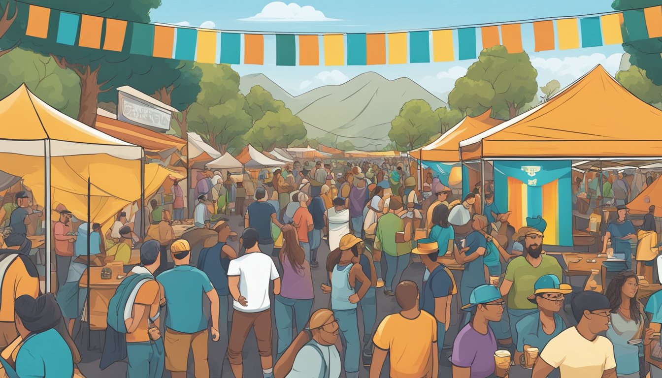 A bustling craft beer festival in Moreno Valley, CA, with colorful banners and vendors showcasing their unique brews to eager patrons