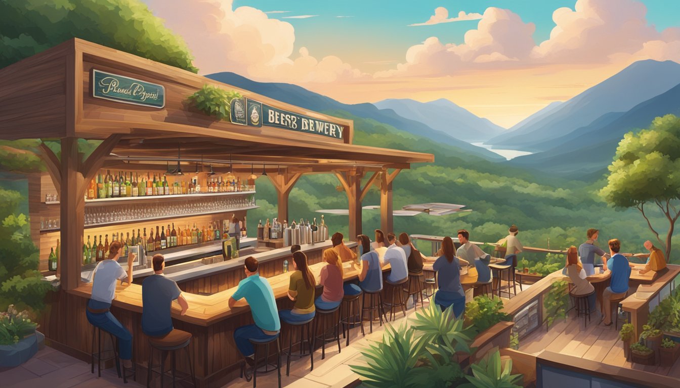 A bustling craft brewery with outdoor seating, surrounded by lush greenery and mountains in the distance. A variety of beer taps line the bar, with customers enjoying their drinks