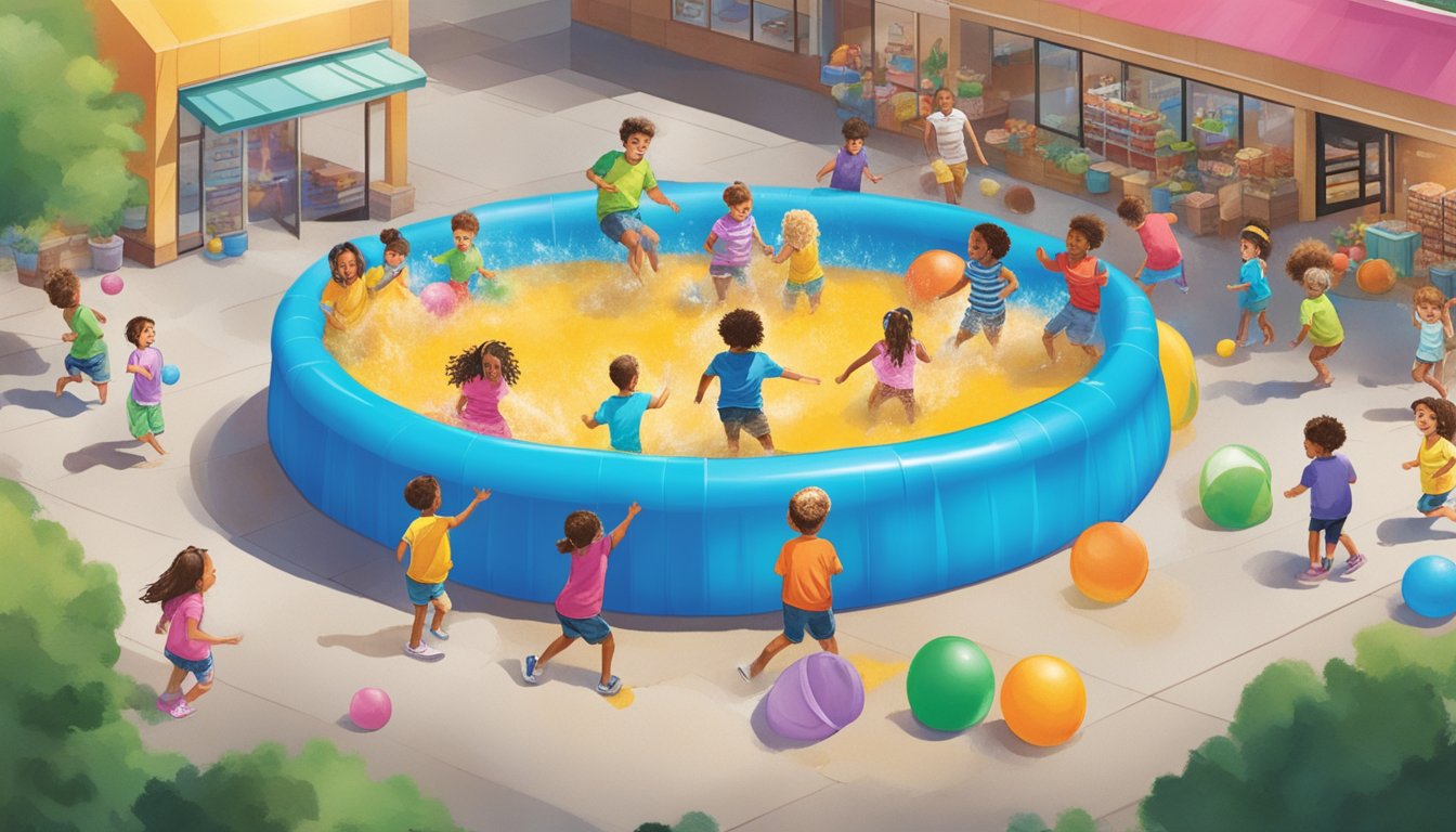 A group of children splash and play in a colorful kiddie pool surrounded by Stater Bros market products