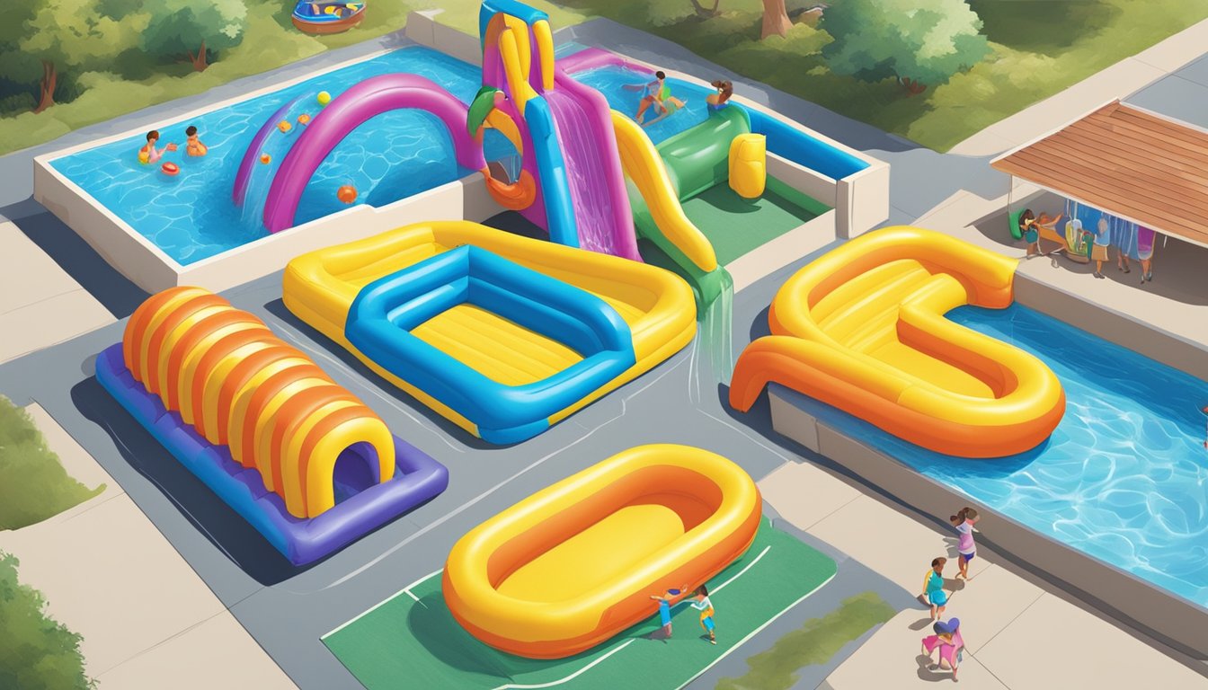 A colorful display of kiddie pools and inflatable water toys at Albertsons