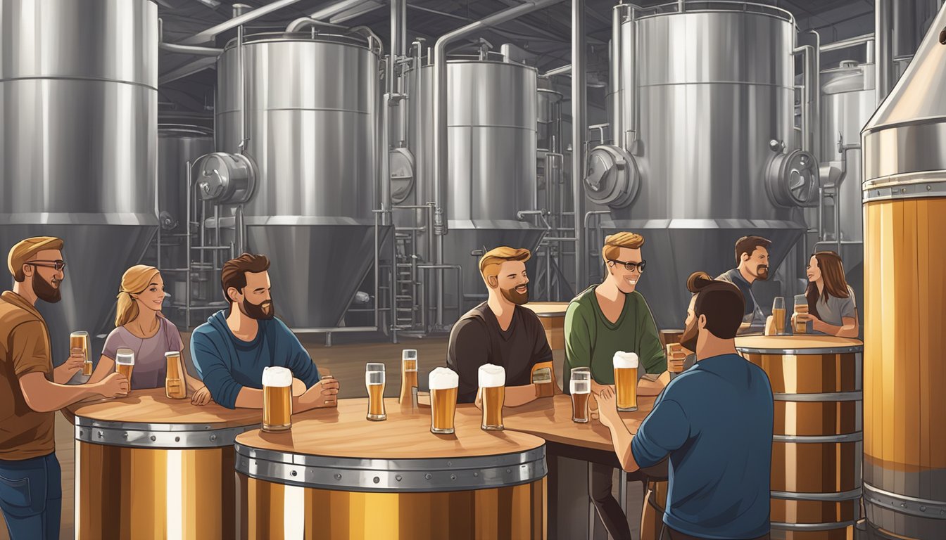 A group of people enjoy beer tasting at a local craft brewery, surrounded by stainless steel tanks and wooden barrels. Brewery tours are offered in the background