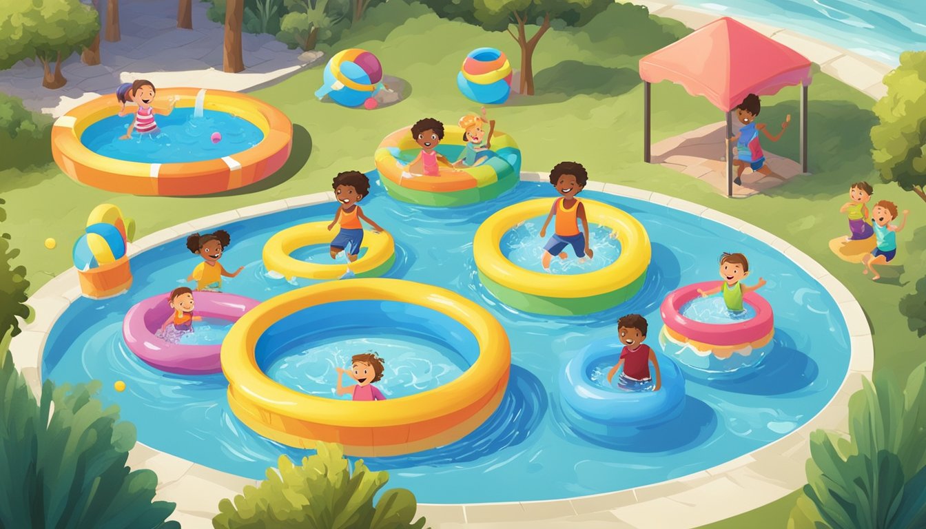 A colorful array of kiddie pools, surrounded by smiling children, splashing and playing in the cool water