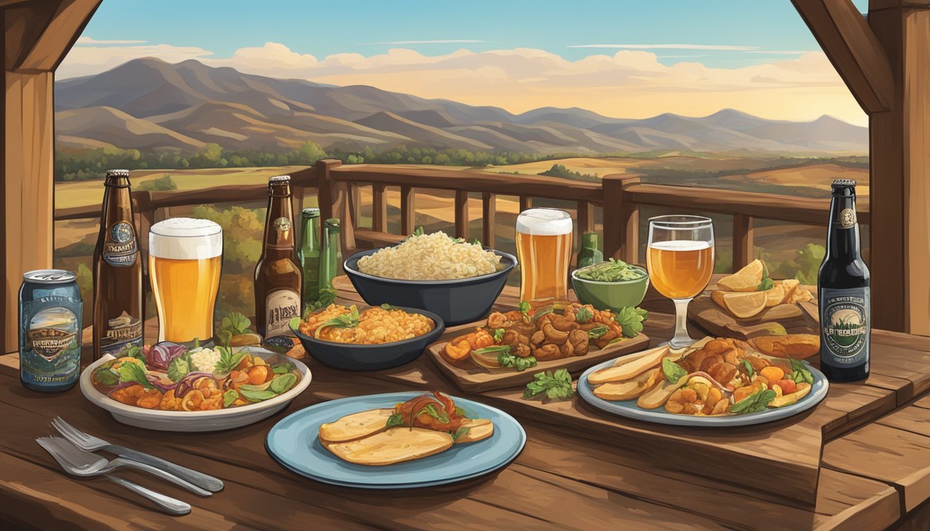 A rustic table displays a spread of local dishes alongside a variety of craft beer bottles and glasses, set against a backdrop of murrieta's scenic landscape