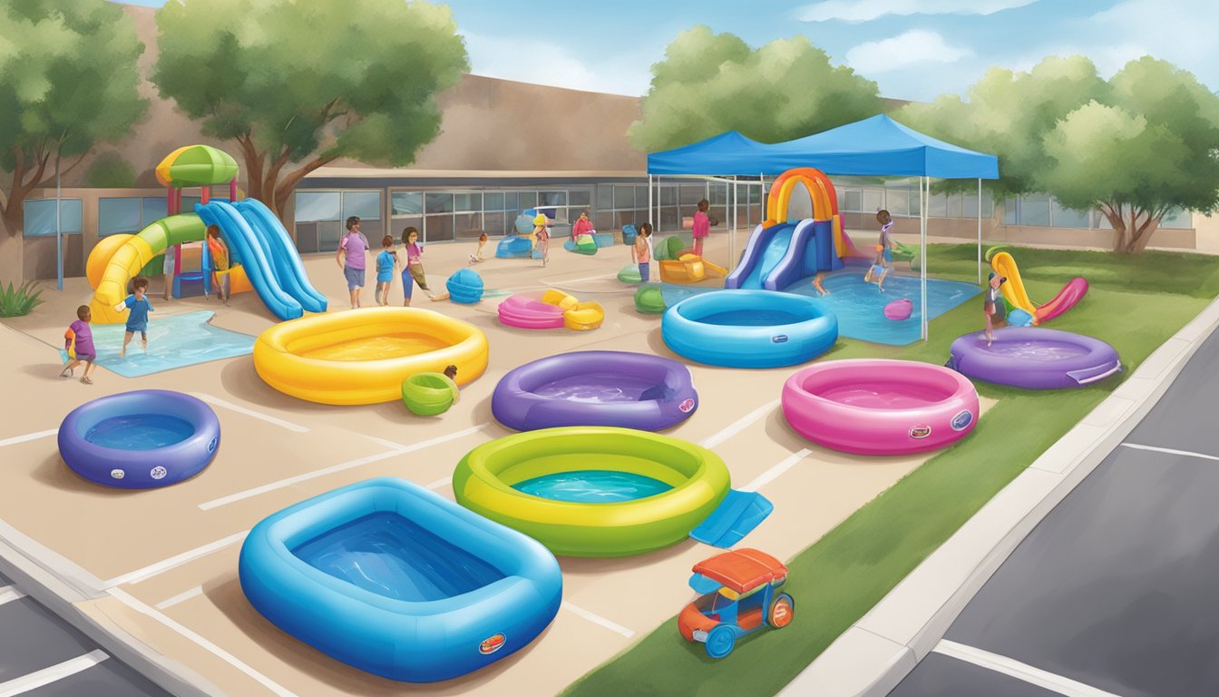 A colorful display of kiddie pools and inflatable water toys at Albertsons