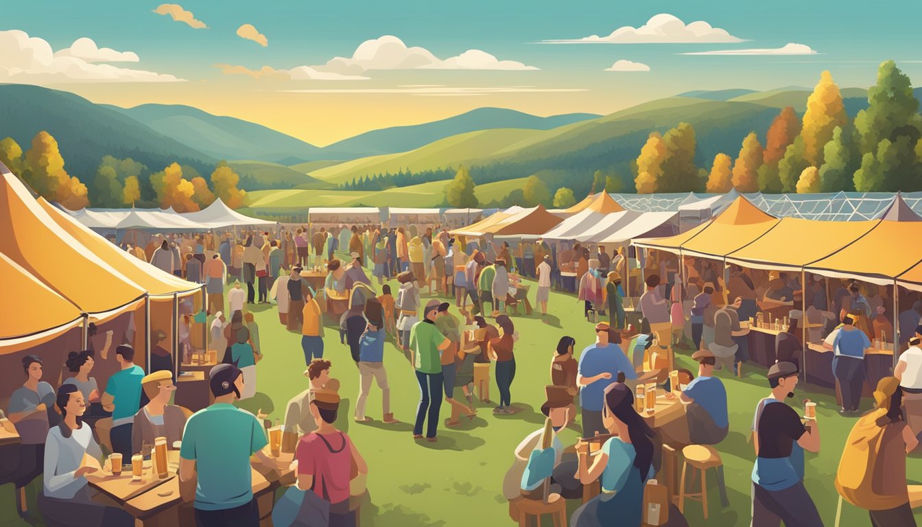 A bustling craft beer festival with rows of colorful booths and lively conversations, set against a backdrop of rolling hills and a warm, sunny sky