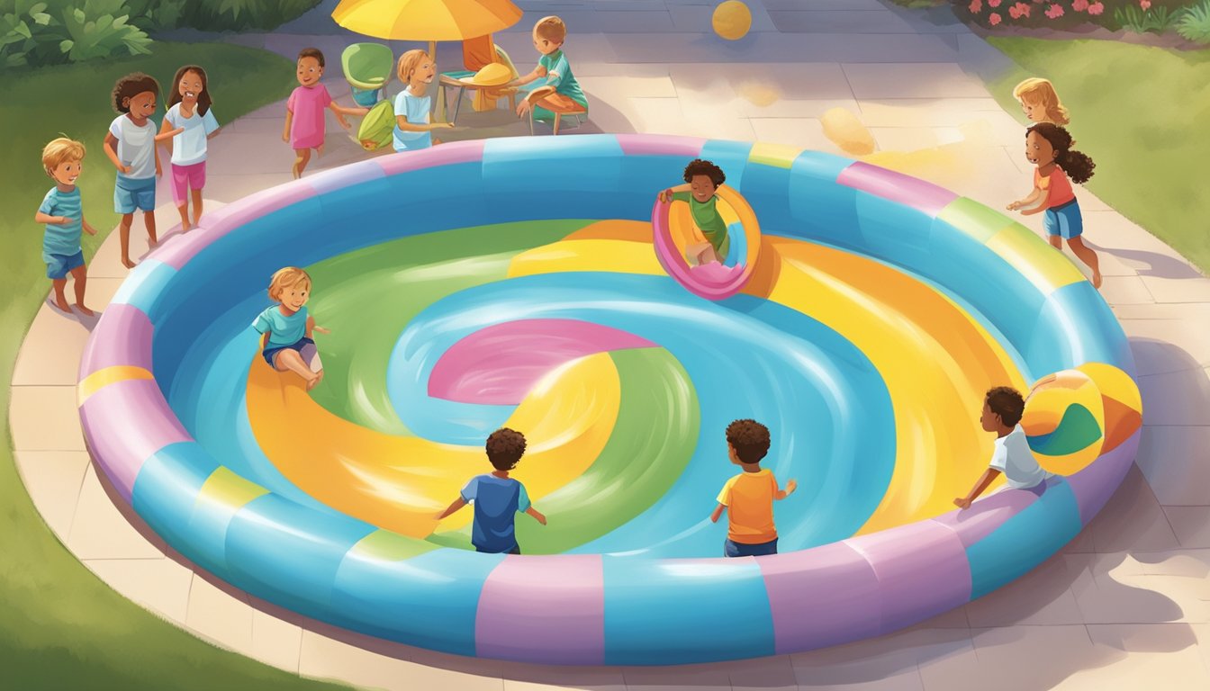 Children playing in a colorful kiddie pool, surrounded by safety features and considerations