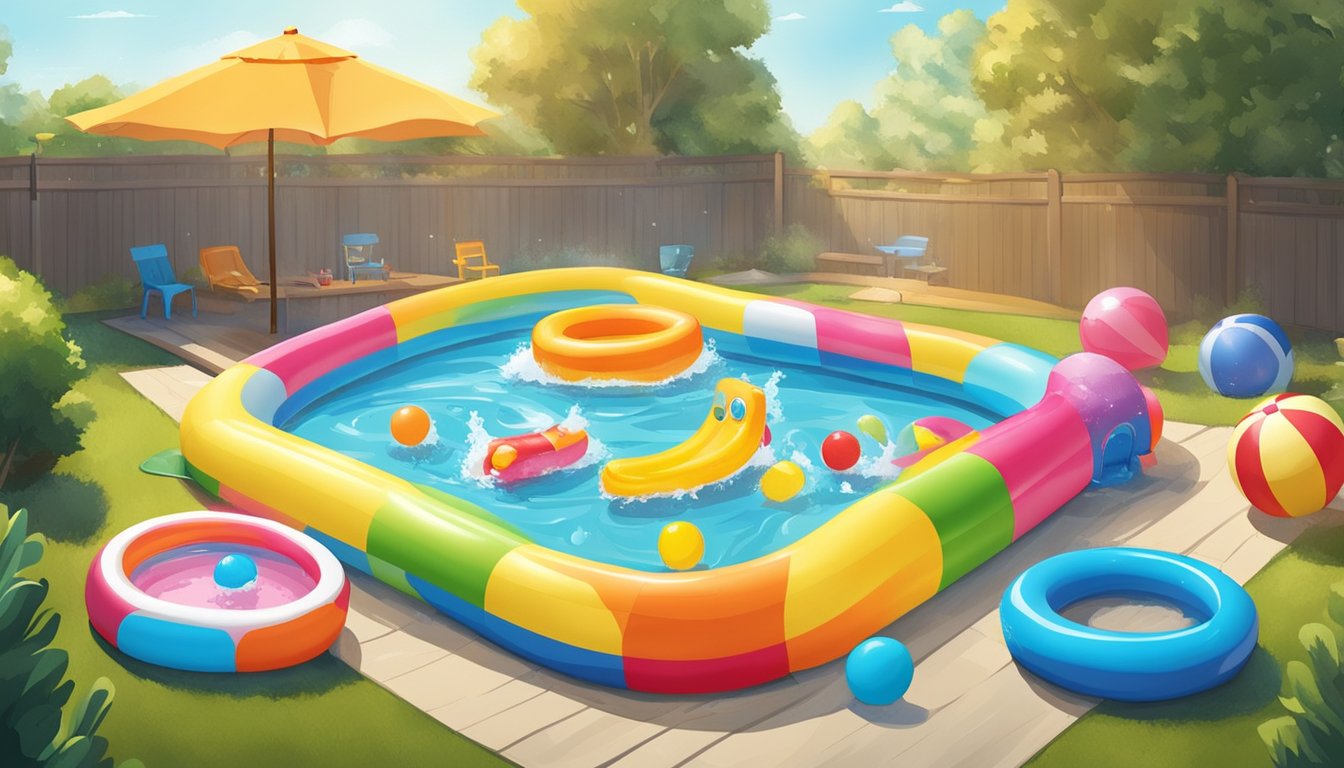 A colorful kiddie pool surrounded by inflatable toys and water splashes in a sunny backyard