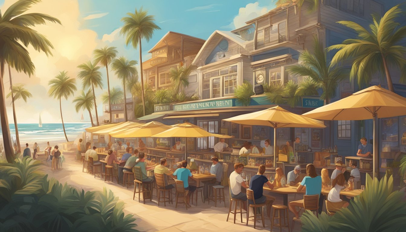 A bustling beachside brewery with surfboards and palm trees, locals enjoying craft beer in the sunshine