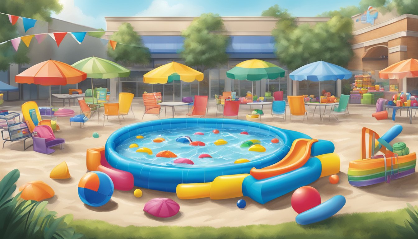 A colorful kiddie pool surrounded by beach toys and water splashes at a Kroger store