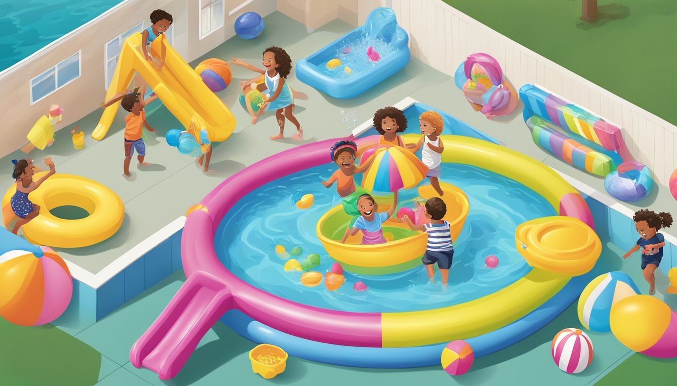 Children playing in colorful kiddie pools with fun accessories and water toys, surrounded by a variety of affordable options at Shoprite