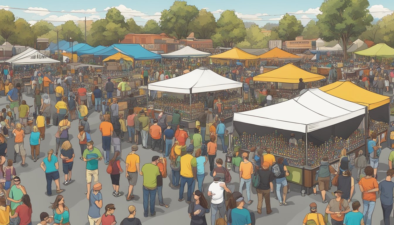 A bustling craft beer festival in Roseville, CA, with rows of colorful beer taps and patrons sampling various brews