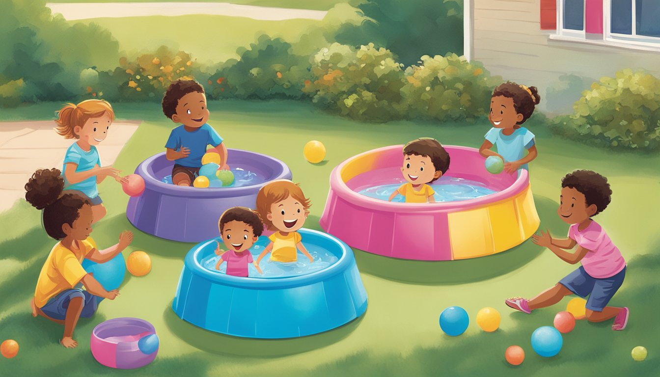 A group of children happily playing in colorful, easy-to-set-up kiddie pools from Shoprite's affordable selection