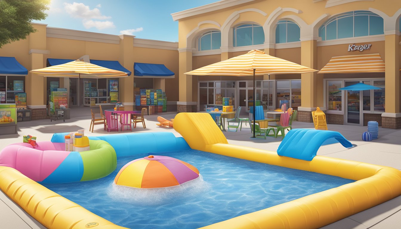 A colorful kiddie pool with built-in sunshade and cushioned bottom sits next to beach toys and sunscreen at a Kroger store