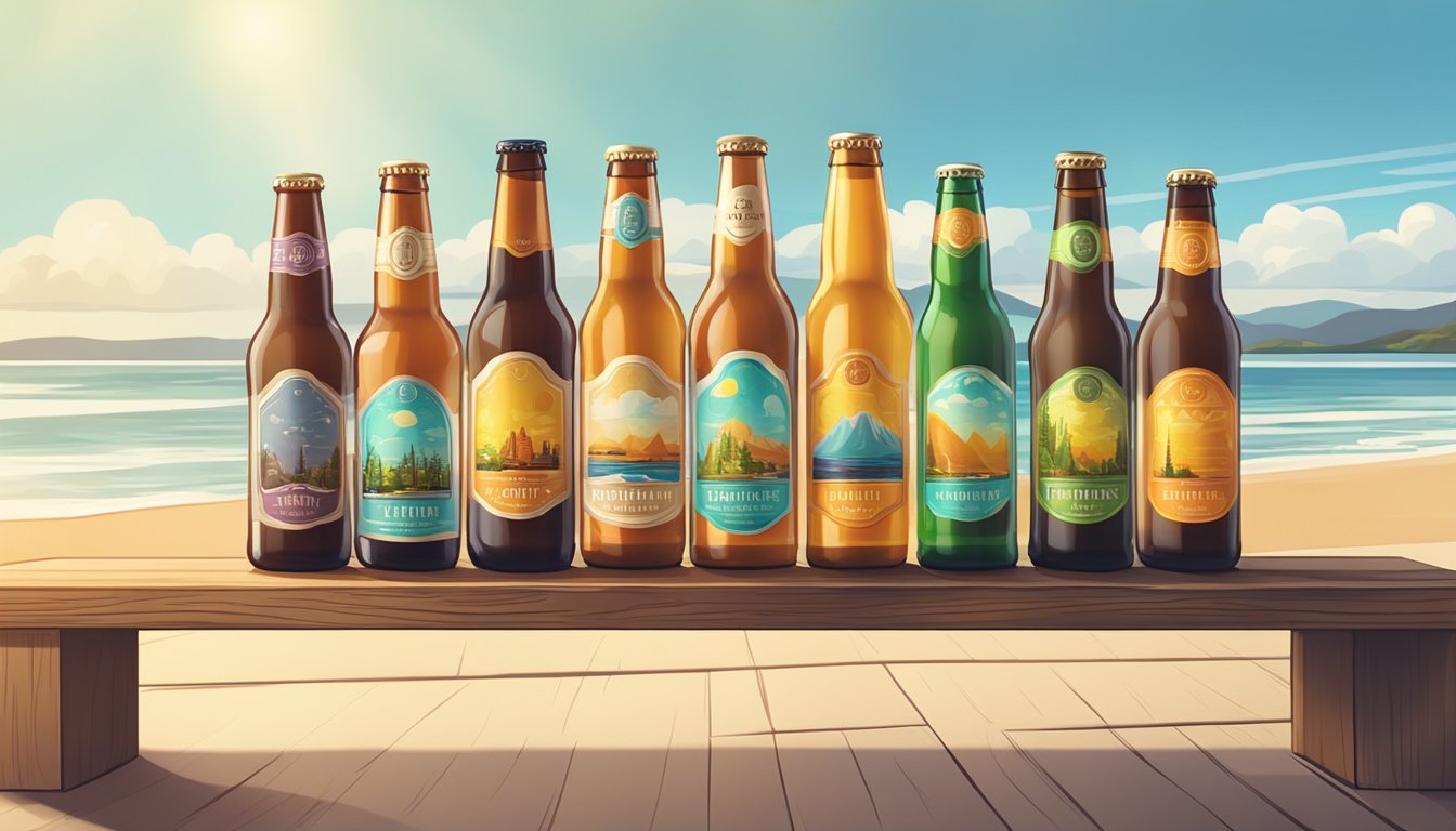 A row of colorful craft beer bottles on a wooden shelf with a backdrop of a sunny oceanside view