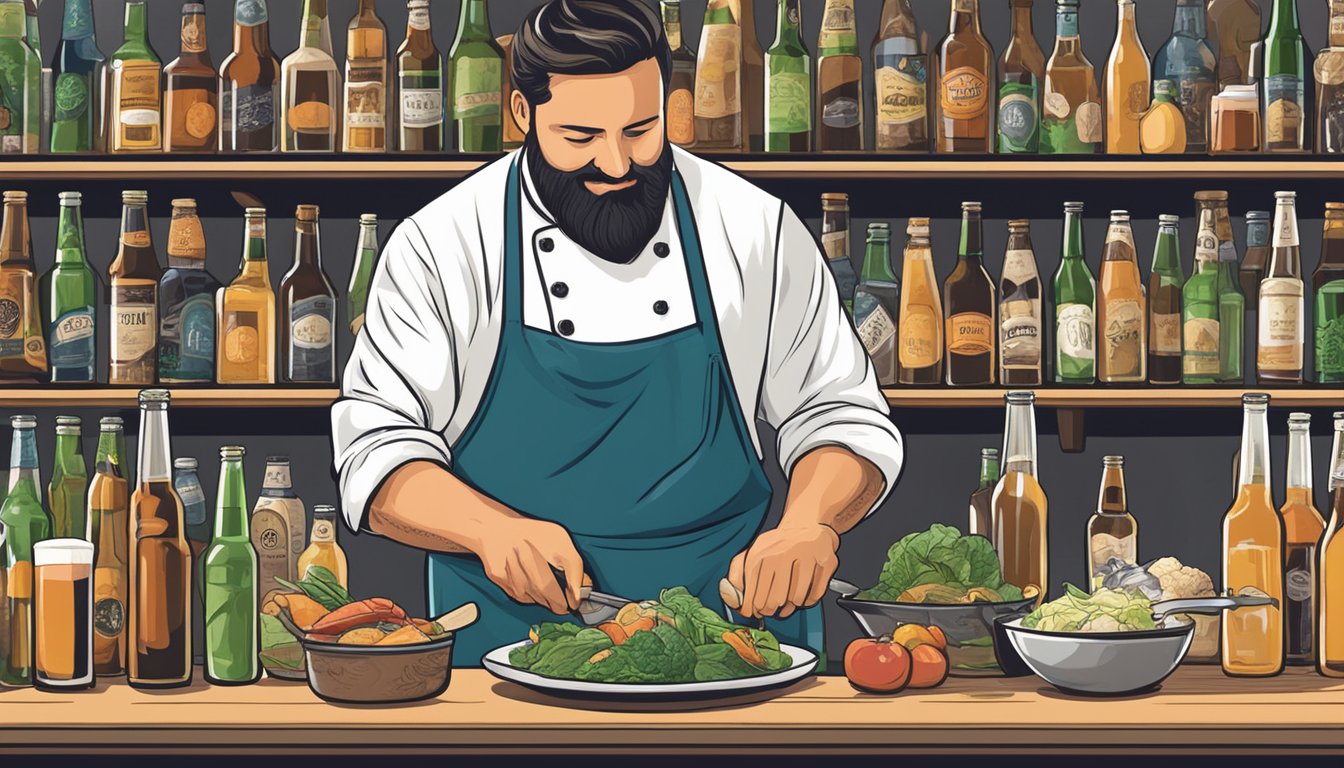 A chef preparing a dish with locally sourced ingredients, surrounded by bottles of craft beer from Roseville, CA