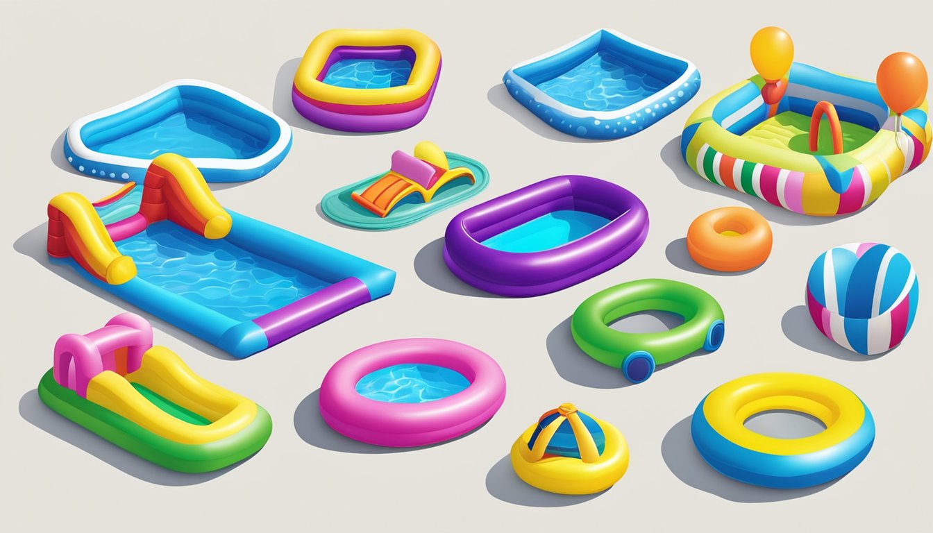 A colorful array of inflatable kiddie pools in various sizes and shapes, surrounded by playful water toys and accessories