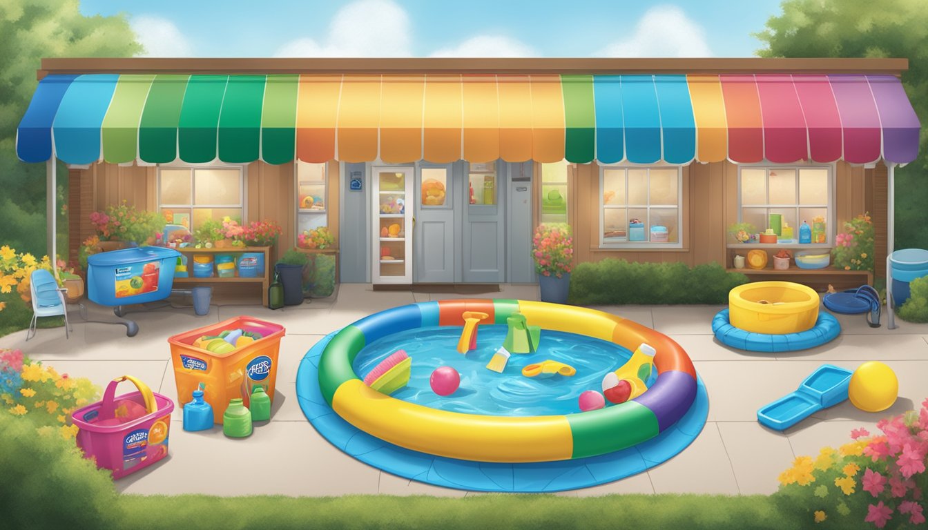 A colorful kiddie pool surrounded by summer toys and cleaning supplies at Kroger