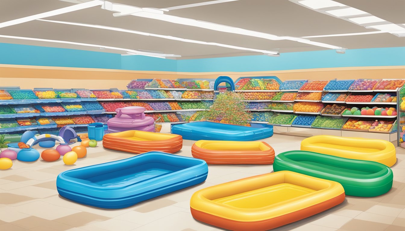 A colorful display of kiddie pools and inflatable water toys at Albertsons