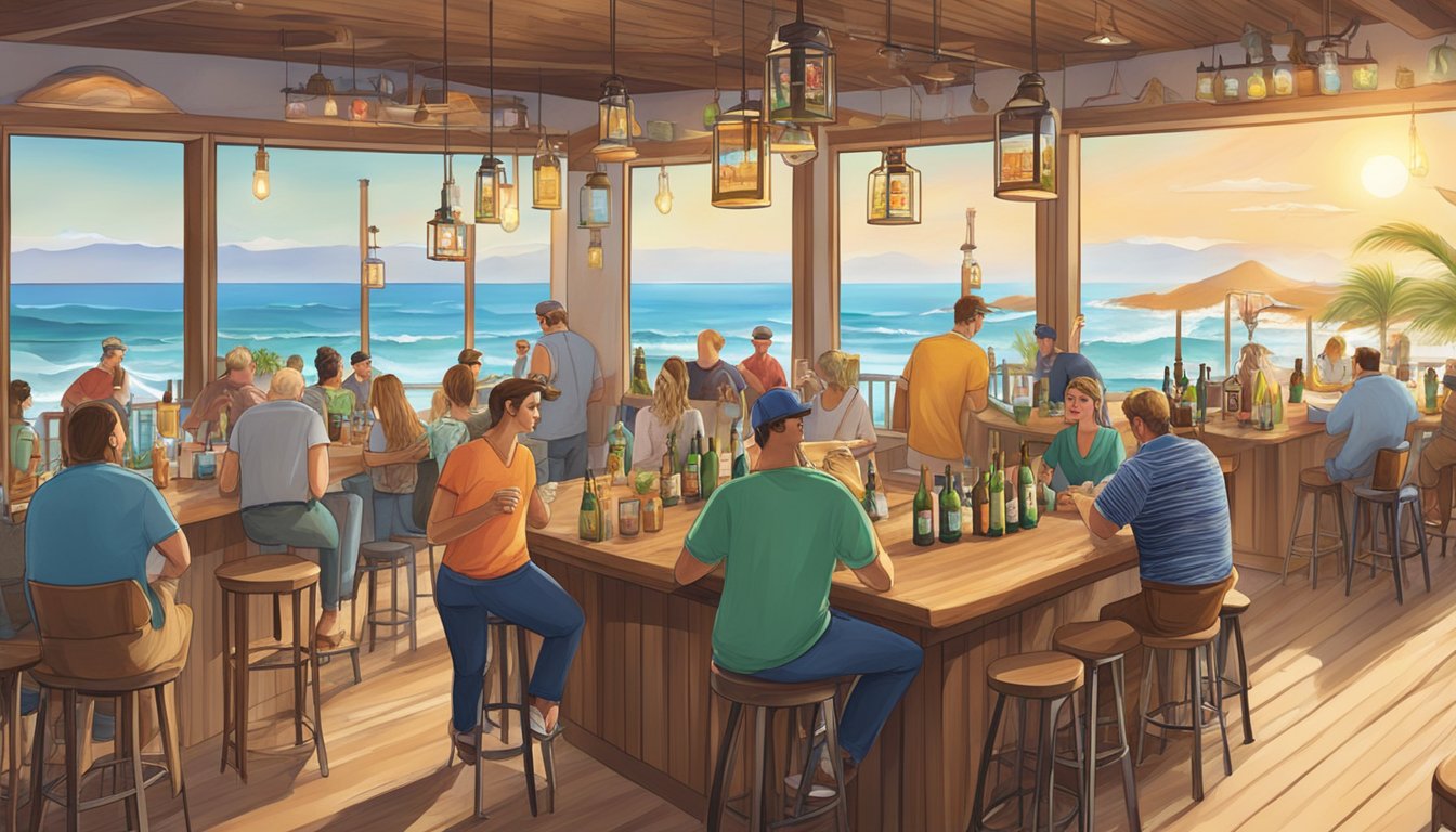 A vibrant oceanside tasting room with a variety of local craft beers on tap, surrounded by coastal decor and lively patrons enjoying the ocean view