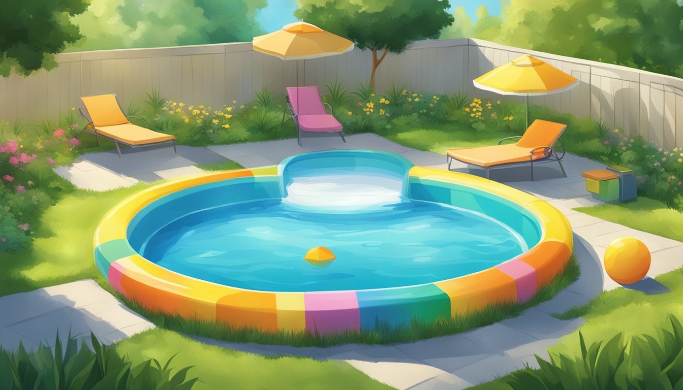 A colorful kiddie pool surrounded by lush green grass and bright sunshine