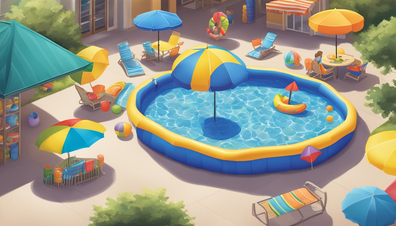 A colorful kiddie pool surrounded by water toys and a beach umbrella at a Kroger store