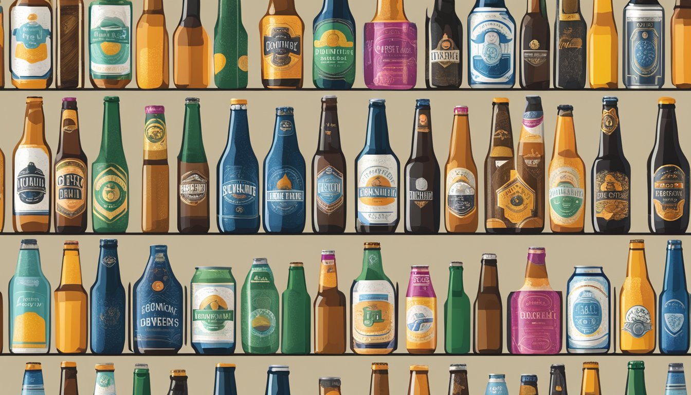 A row of colorful craft beer bottles and cans on display, with a variety of styles and labels representing Ontario's local breweries