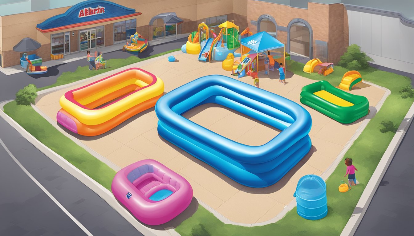 A display of colorful kiddie pools and inflatable water toys at Albertsons