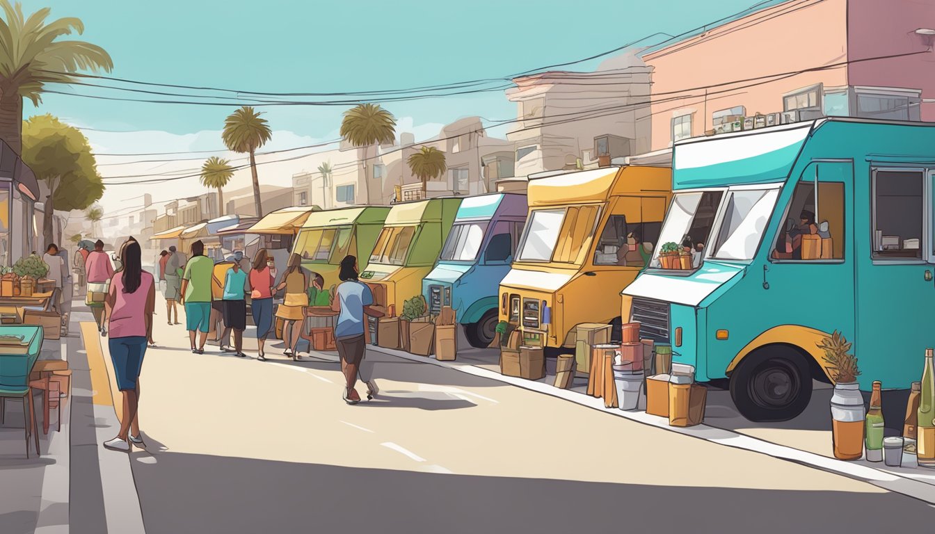 A row of colorful food trucks lines the oceanside street, with people gathered around enjoying local craft beers and delicious food pairings