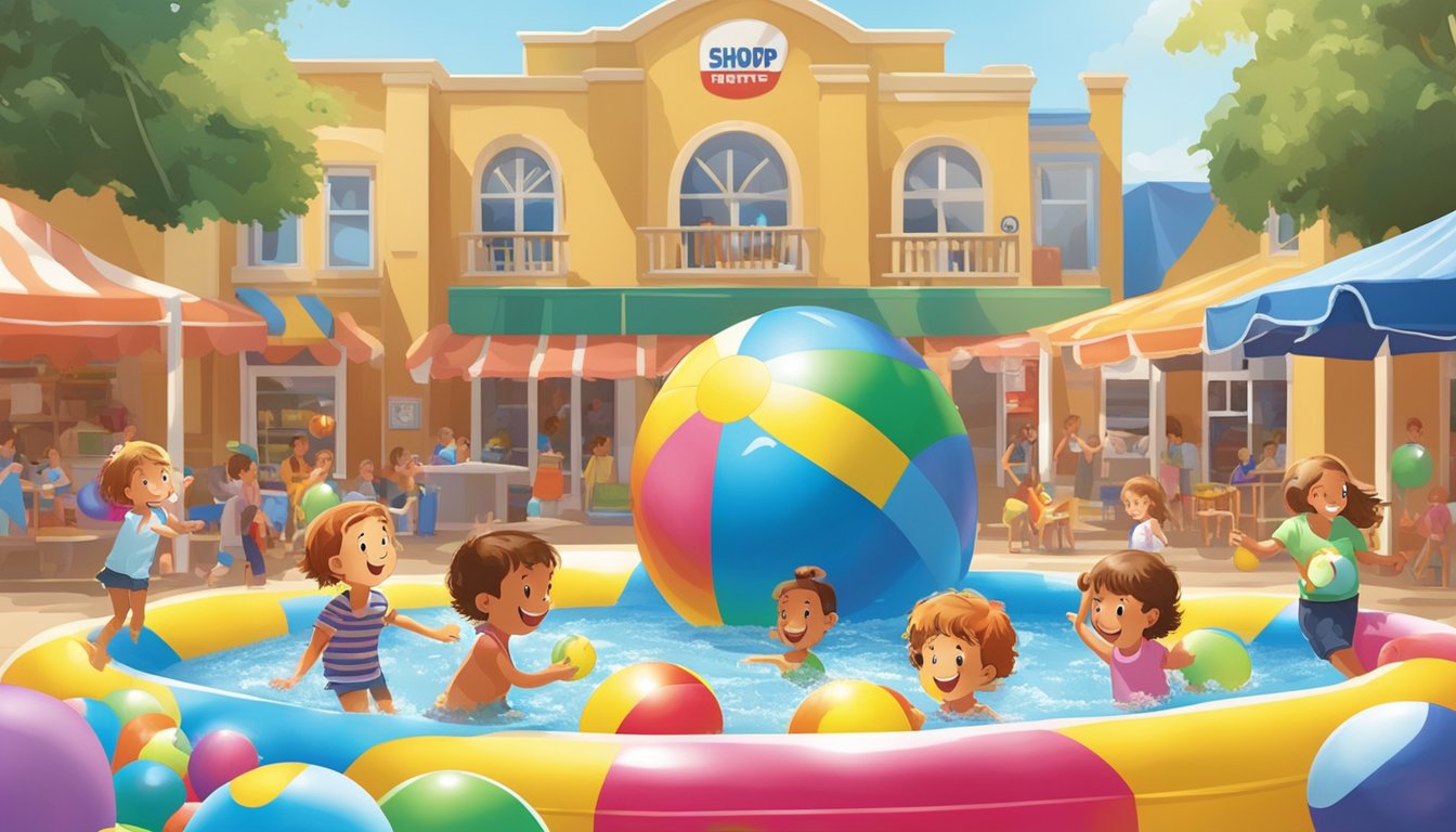 Children playing in a colorful kiddie pool surrounded by inflatable toys and beach balls, with a backdrop of a sunny summer day and a shoprite banner in the background