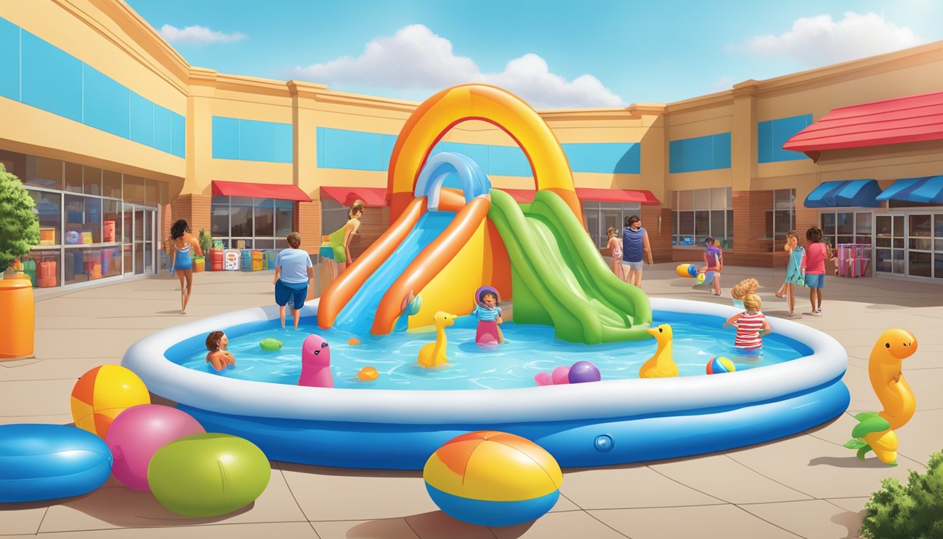 A colorful kiddie pool surrounded by inflatable toys and sunscreen at a sunny Kroger store